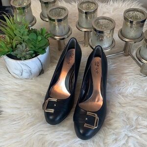 EURO Soft By Sofft Black patent Leather Heels Peep Toe Shoes Size 8